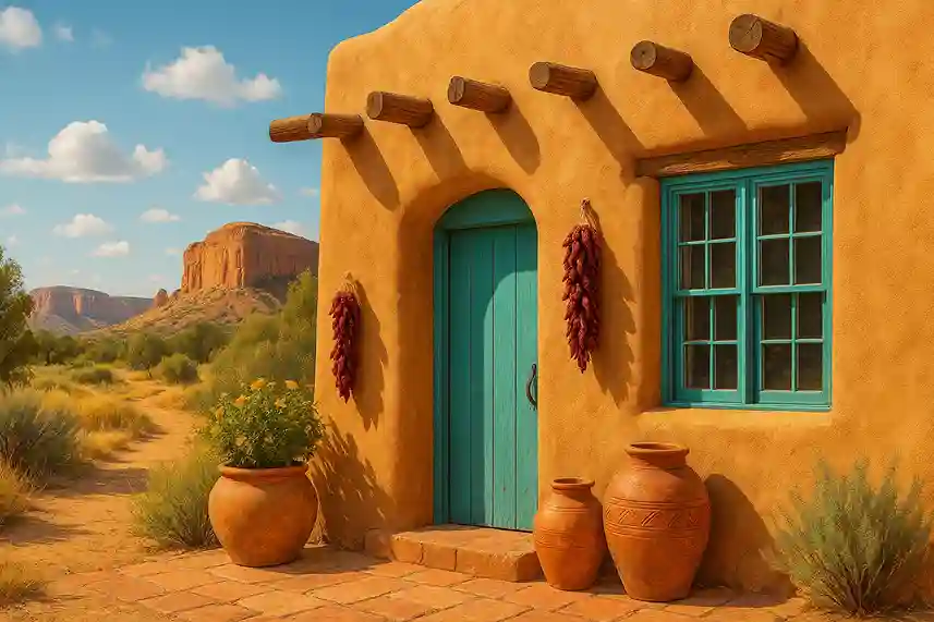 Adobe buildings, turquoise accents, and colorful Southwestern details in Santa Fe, New Mexico, showcasing its rich cultural heritage and desert hues.