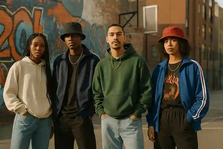 Group wearing 1990s fashion streetwear — baggy jeans, hoodies, bucket hats, and sneakers influenced by hip-hop culture.