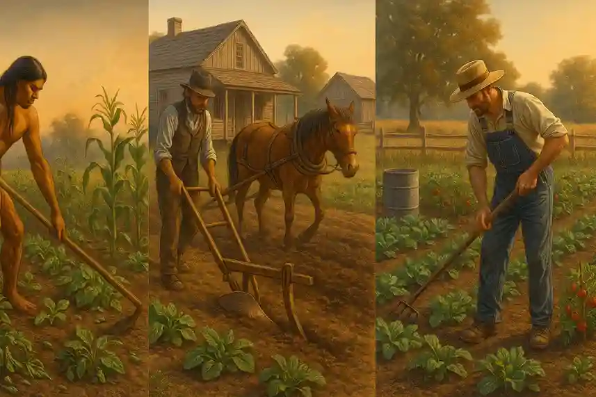 Timeline image showing traditional and modern subsistence farming methods, from early hand tools to today’s small homestead practices.