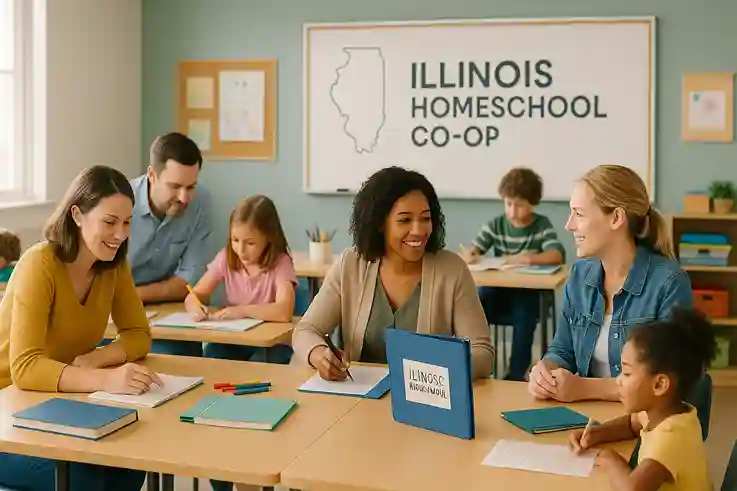 Families participating in a homeschool co-op with group activities and parent support, representing homeschooling in Illinois.