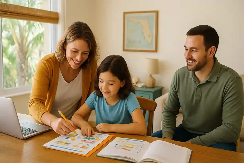 A parent and child homeschooling at a sunlit Florida home with books, a laptop, and tropical greenery visible through the window.
