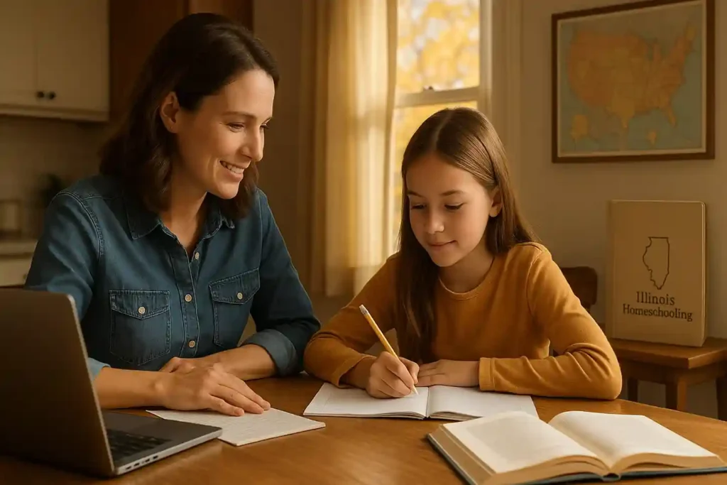 A parent teaching a child at home with books and a laptop, representing homeschooling in Illinois in a warm, realistic setting.