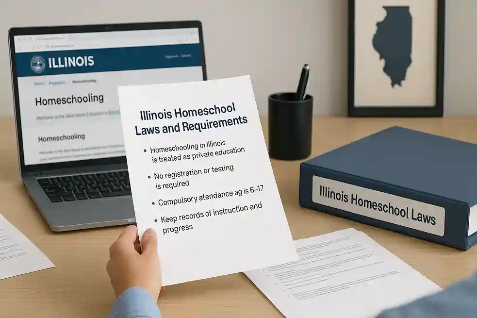 Parent reviewing homeschooling in Illinois documents and requirements with a laptop and organized paperwork in a bright home setting.