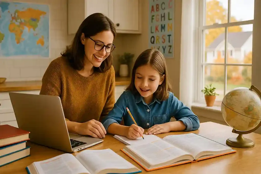 Parent homeschooling a child at a kitchen table in an Ohio home with books and a laptop, showing a warm and organized learning setup. homeschooling in ohio