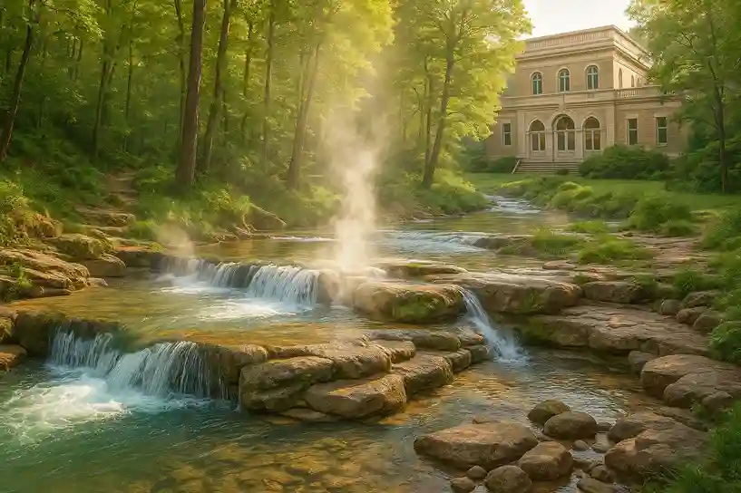 Steaming natural hot springs surrounded by lush forest and historic bathhouse architecture in Hot Springs, Arkansas, creating a peaceful healing scene.