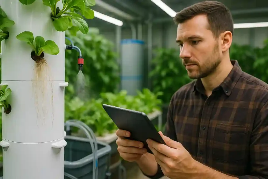 Close-up of aeroponic tower misting nutrients onto exposed roots as a farmer monitors plant growth.