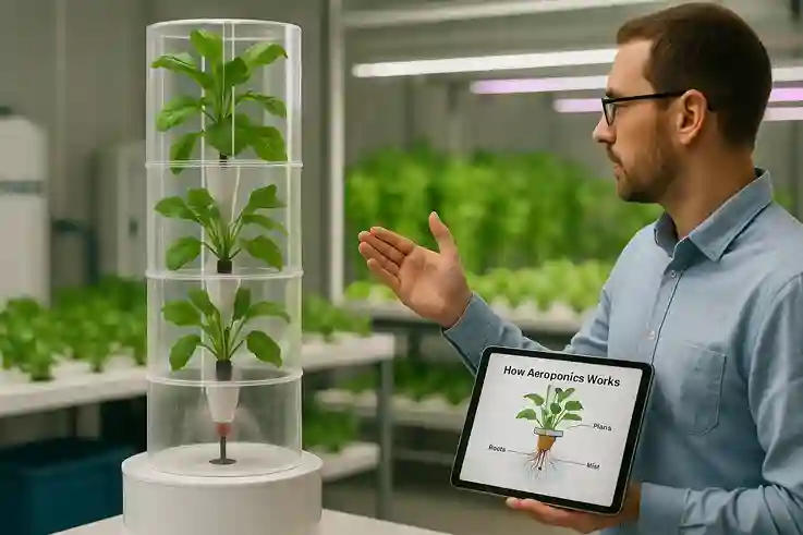 Close-up of aeroponic tower showing roots misted with nutrients as a farmer explains the soil-free process.