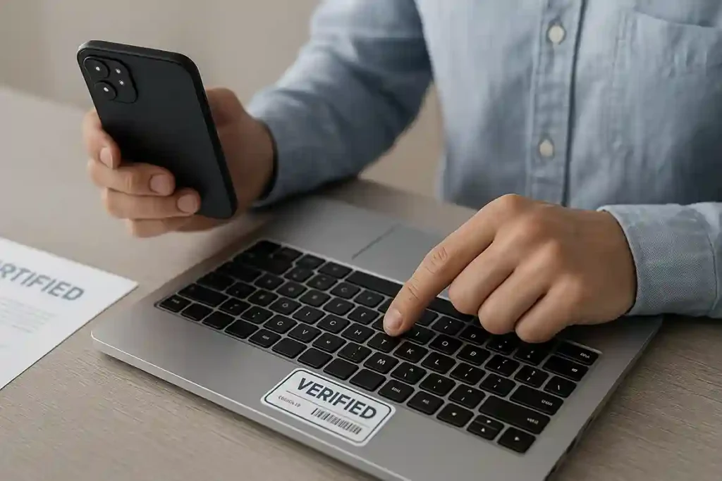 Person inspecting a device’s certification label to verify it as a genuine recertified product.