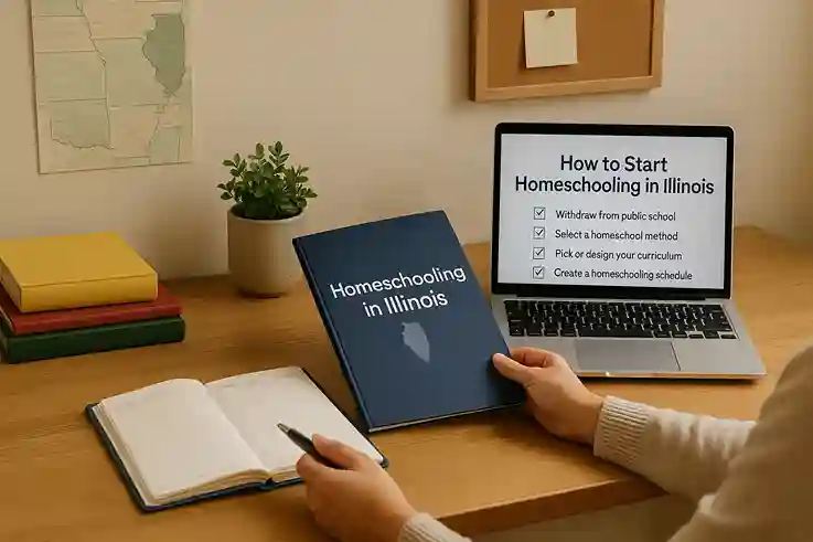 Parent preparing a home learning space with books and a checklist on how to start homeschooling in Illinois.