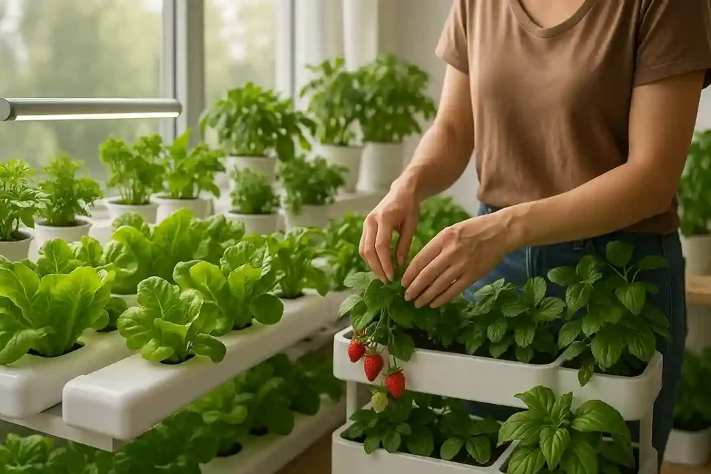 Indoor hydroponic garden with vibrant plants and eco-friendly setup under natural and LED lighting.