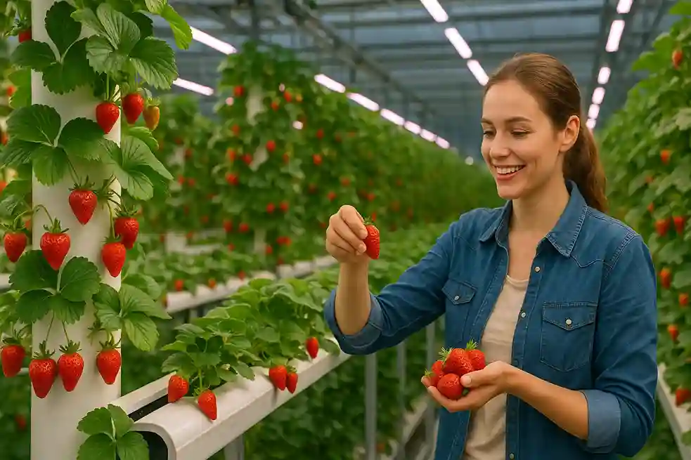 Hydroponic strawberries growing indoors year-round under LED lights in a vertical farm.