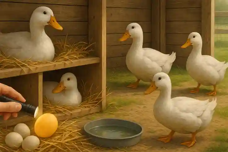 Pekin duck eggs being candled in a clean nest area to identify fertility and support healthy laying habits.