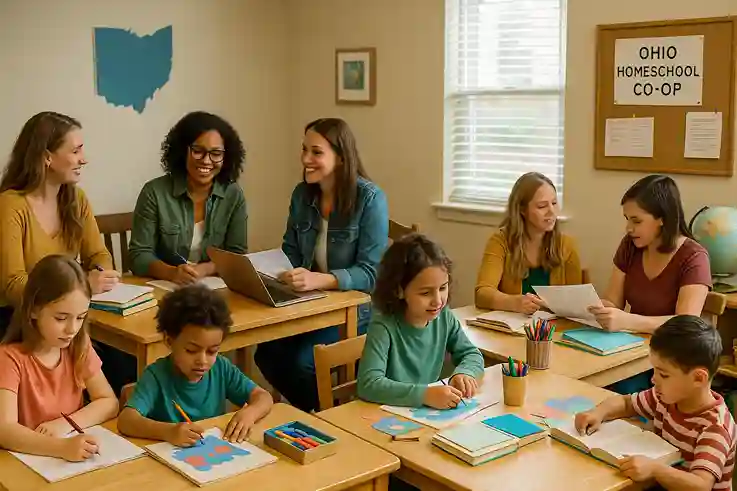 Families participating in a homeschool co-op meeting in an Ohio community space, supporting each other while practicing Homeschooling in Ohio.