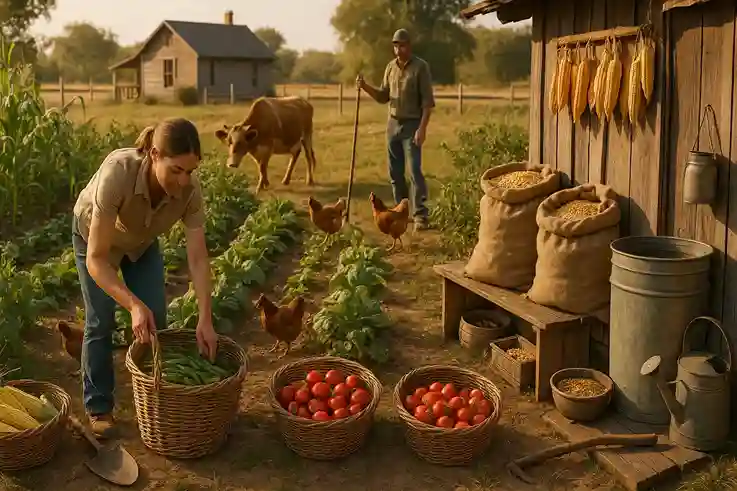 Family gathering fresh produce on a small subsistence farm with mixed crops, livestock, and simple tools showing independence and stability.