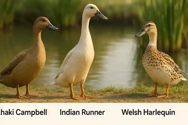 Khaki Campbell, Indian Runner, and Welsh Harlequin ducks standing near a pond, showing clear differences in posture and plumage.