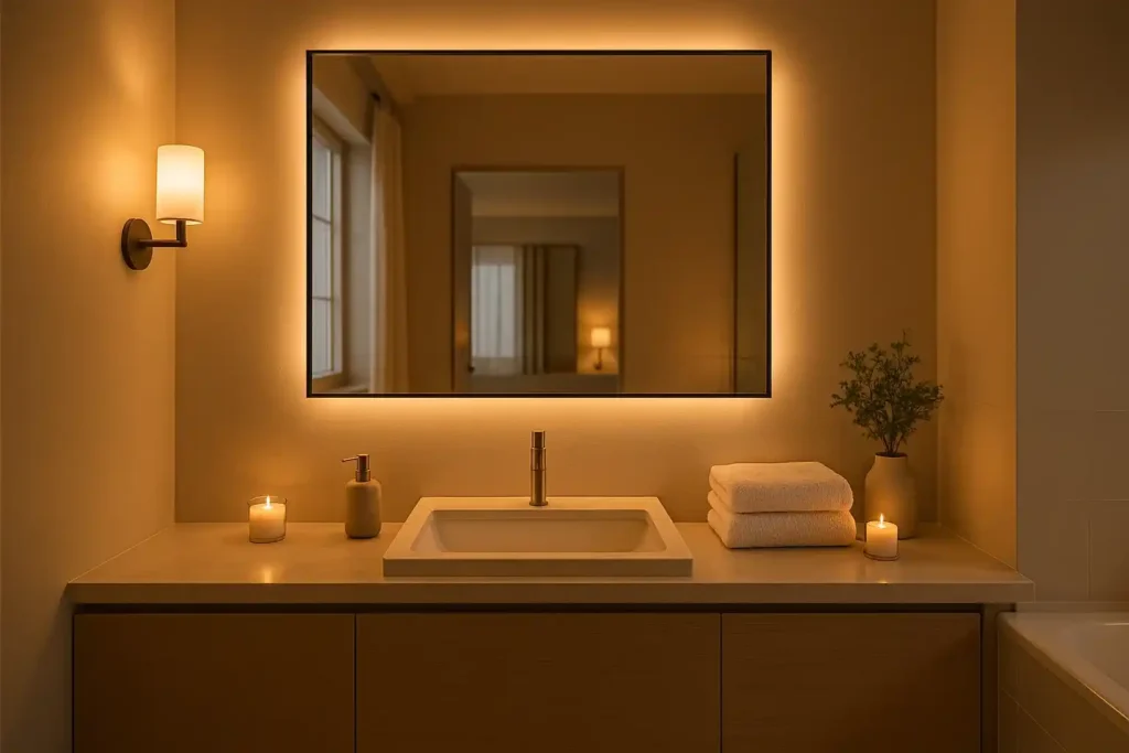 Bathroom with layered lighting, warm ambient glow, task lights at the vanity, accent lights, and a mirror reflecting natural light.