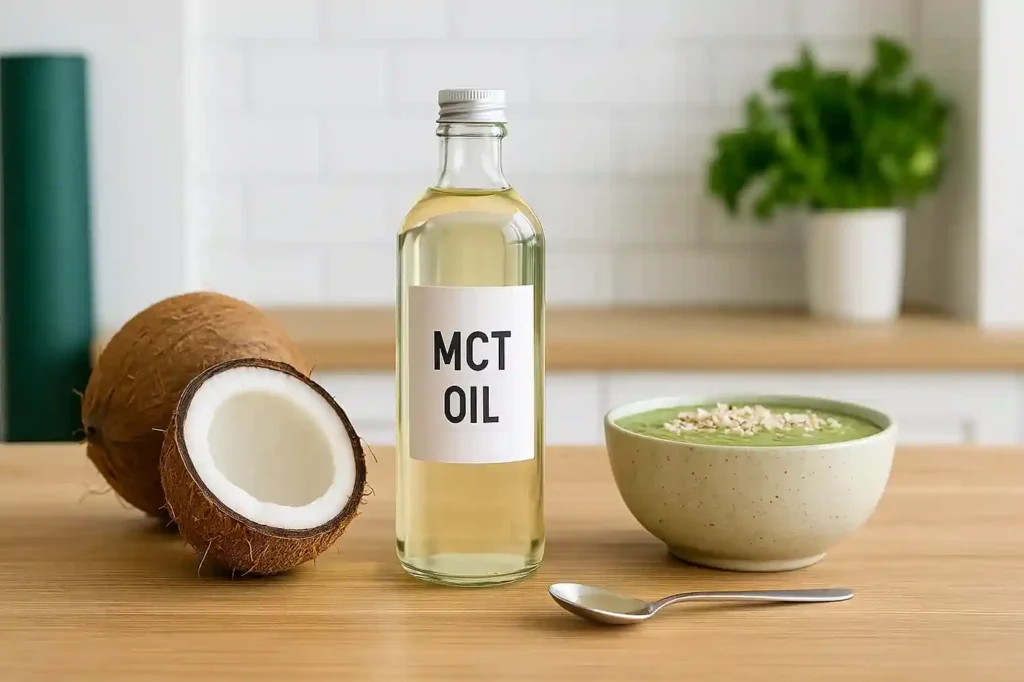 Bottle of MCT oil with coconuts and smoothie bowl in a bright kitchen promoting healthy lifestyle.