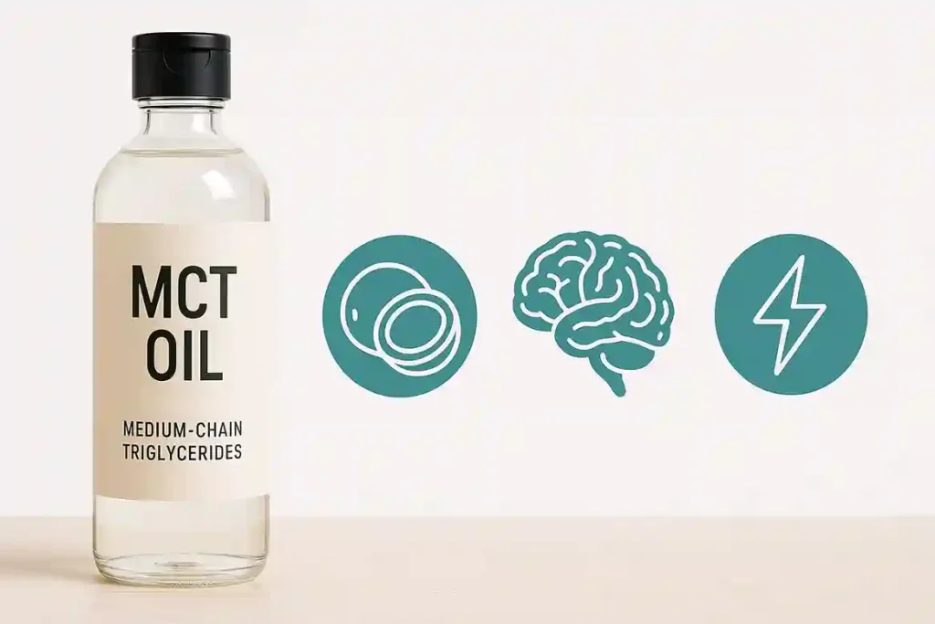 Modern flat-lay of MCT oil bottle with coconut and health icons showing energy and brain benefits.
