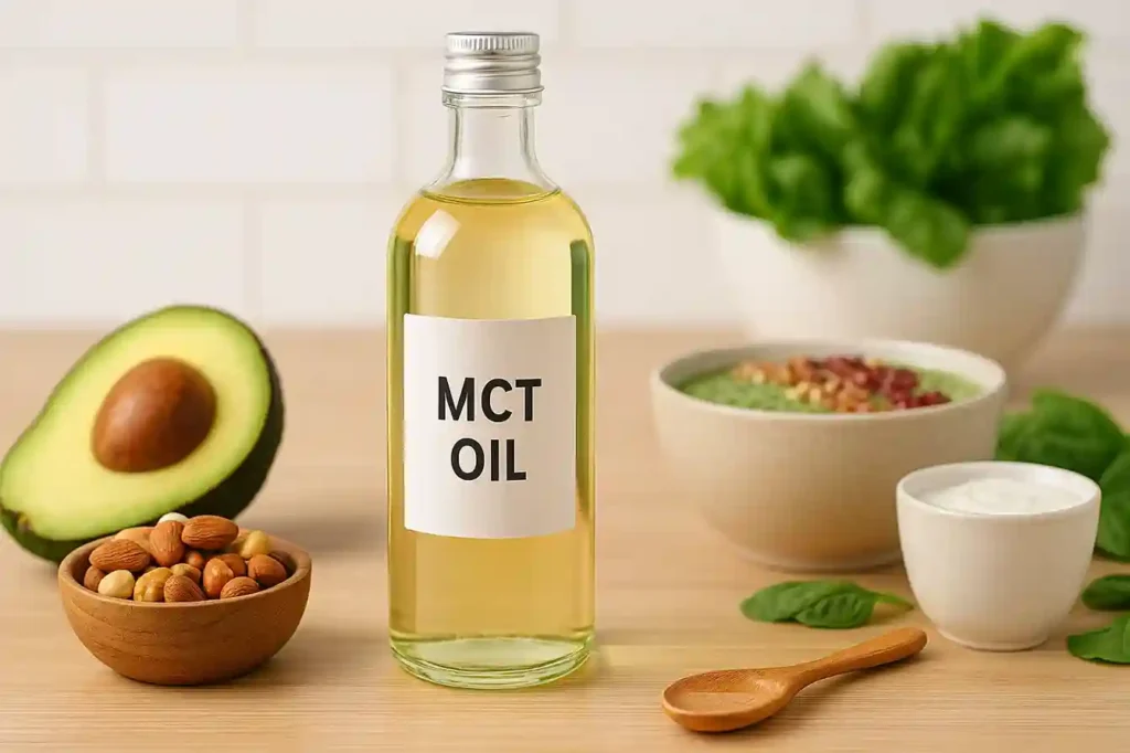 MCT oil with avocado, nuts, and yogurt representing support for heart and gut health.