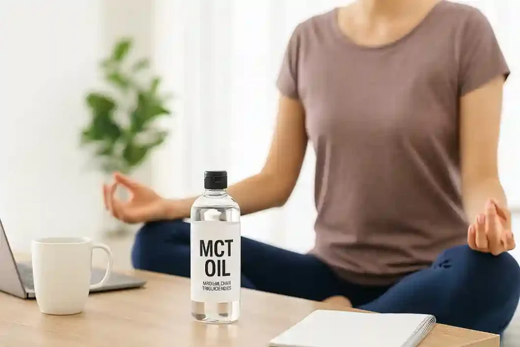 Person using MCT oil at desk with coffee, symbolizing focus, mental clarity, and brain health.