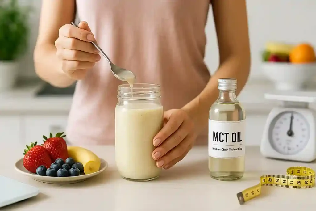 Healthy breakfast setup with MCT oil, fruits, and measuring tape showing fat-burning benefits.