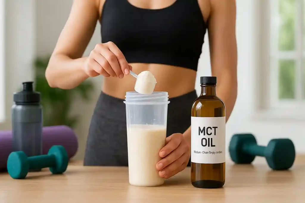 Athlete adding MCT oil to a smoothie before workout showing energy-boosting benefits.