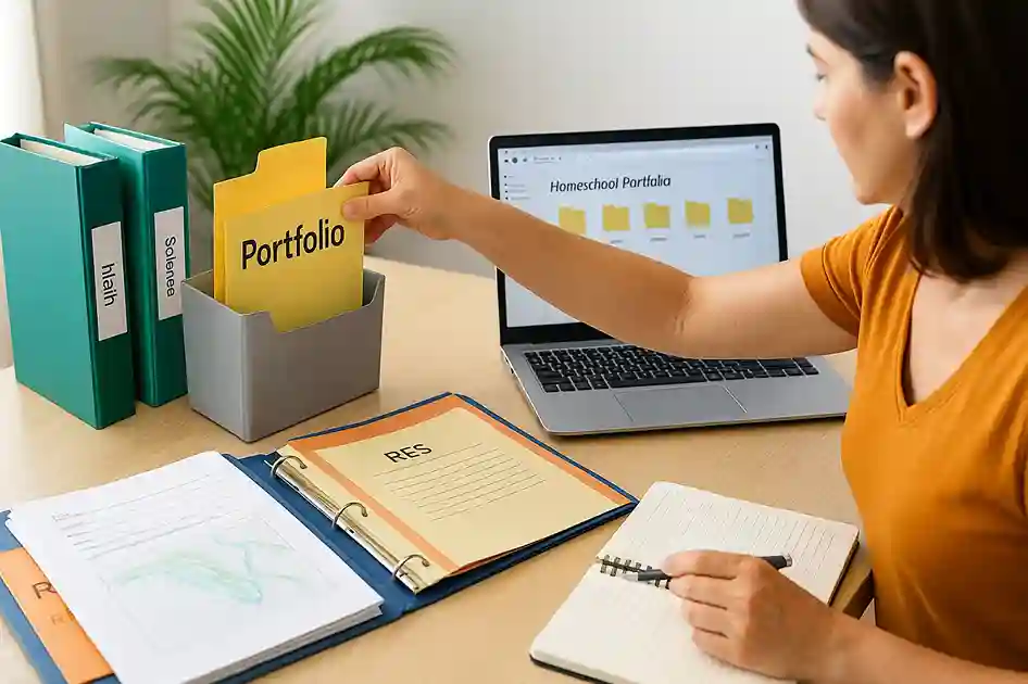 A parent organizing a portfolio for homeschooling in Florida, with binders, student work samples, and a laptop on a bright home desk.