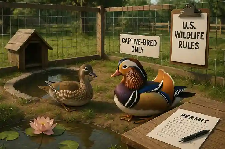 A small farm enclosure with Mandarin Ducks, a pond, and U.S. wildlife permit documents representing legal captive-bred duck farming.