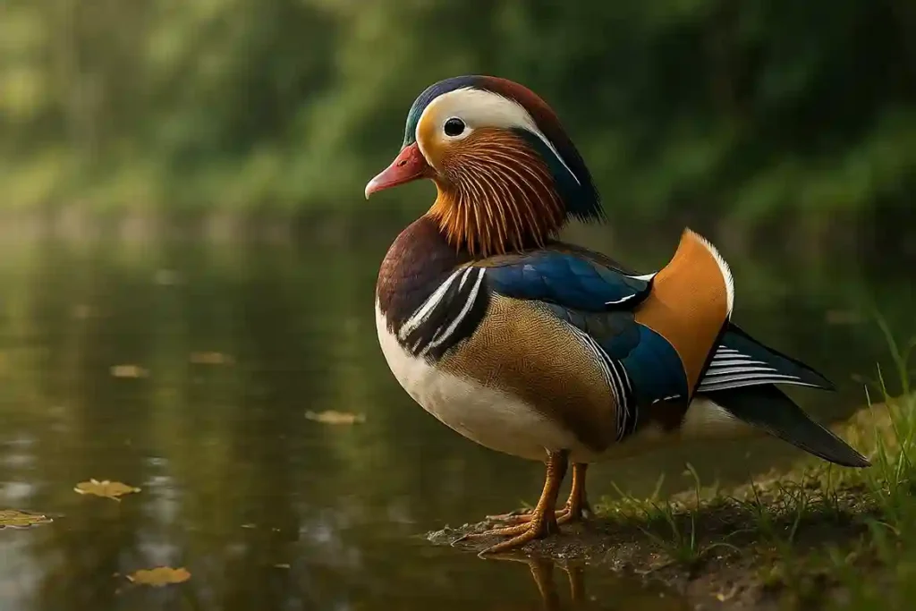 A vibrant Mandarin Duck with colorful plumage standing by a calm pond, showing detailed feathers, reflections, and natural forest surroundings.