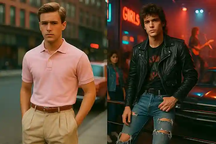 Men in 1980s fashion styles from preppy pastel outfits to edgy rock looks with leather jackets and band tees.