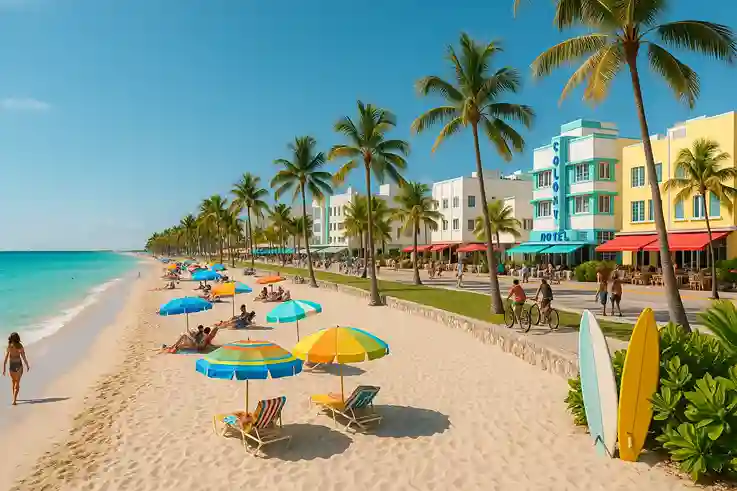 A vibrant Miami scene with turquoise water, palm trees, and Art Deco buildings capturing the city’s endless-summer atmosphere.
