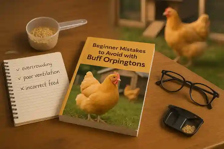 Book titled ‘Beginner Mistakes to Avoid with Buff Orpingtons’ on a table with poultry-care items and farm-themed background.
