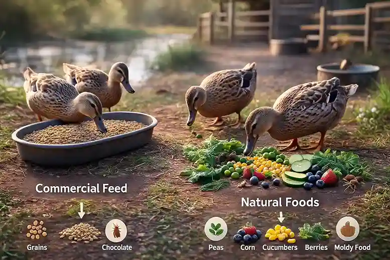 Ducks eating a mix of commercial feed and natural foods like grains, leafy greens, corn, berries, and insects.