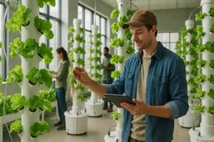 Young farmer tending aeroponic towers growing fresh greens in a modern indoor urban farm.
