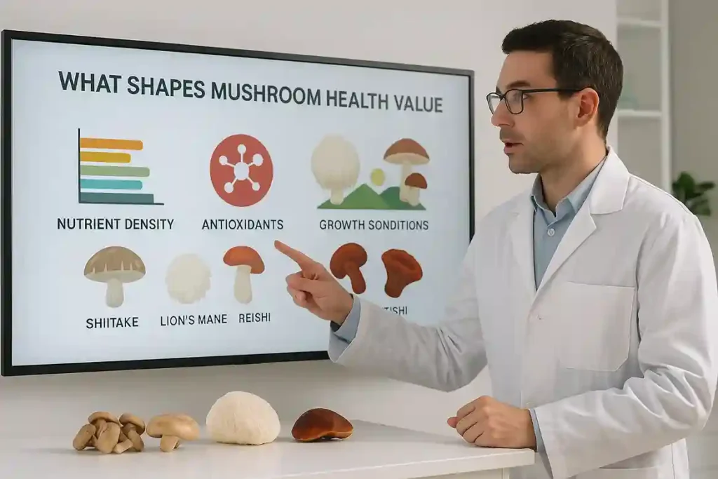 Scientist explaining factors that shape mushroom health value using a digital screen and mushroom samples.