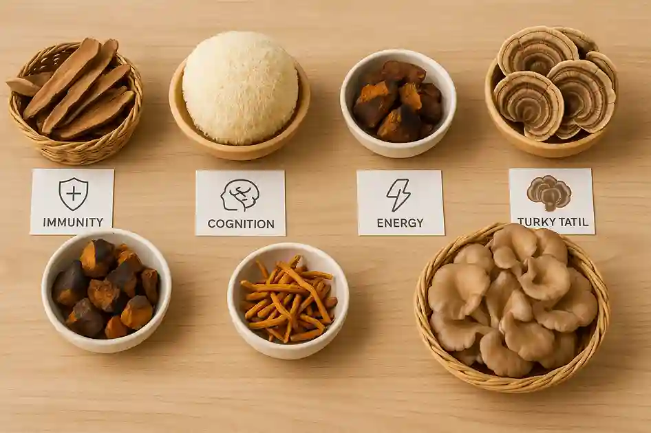 Various types of mushrooms for functional wellness arranged with subtle icons showing key health benefits.