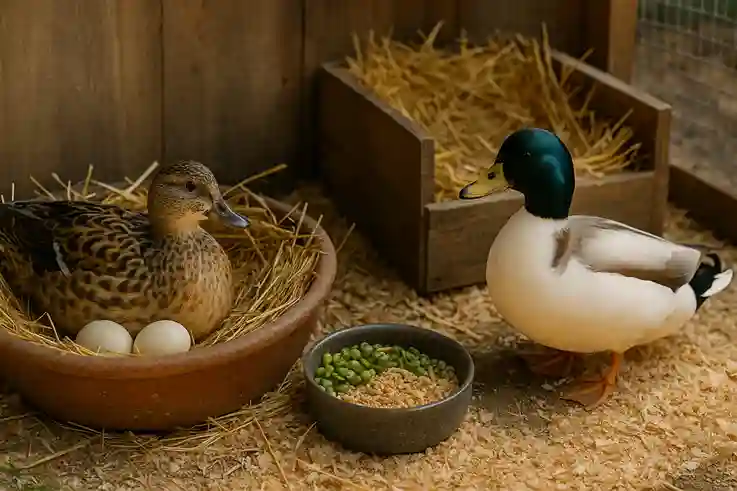 Call Ducks in a quiet nesting area with straw nests, eggs, and a calm farm setting showing natural egg-laying behavior.