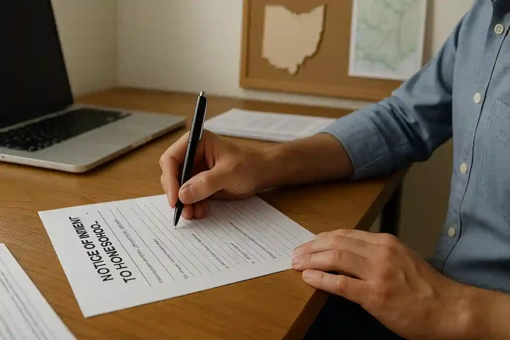 Parent completing the Notice of Intent to Homeschool form at a desk with documents and a laptop in an Ohio home. homeschooling in ohio.