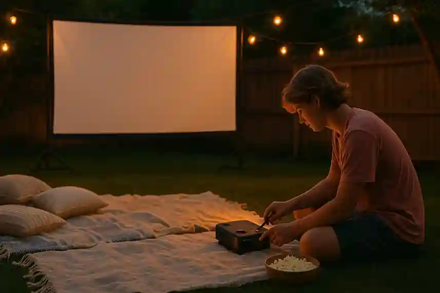 Teen setting up a backyard movie night with projector and lights as part of Summer Bucket List Ideas for Teens.