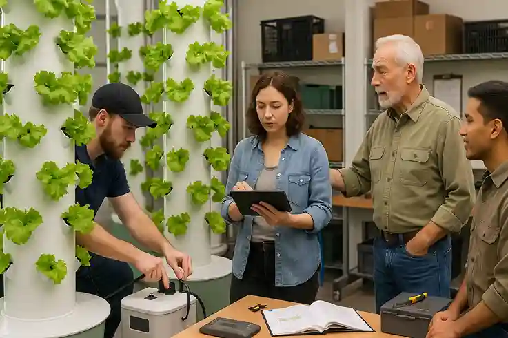Farmers maintaining aeroponic towers while learning to manage cost, upkeep, and technical skills.
