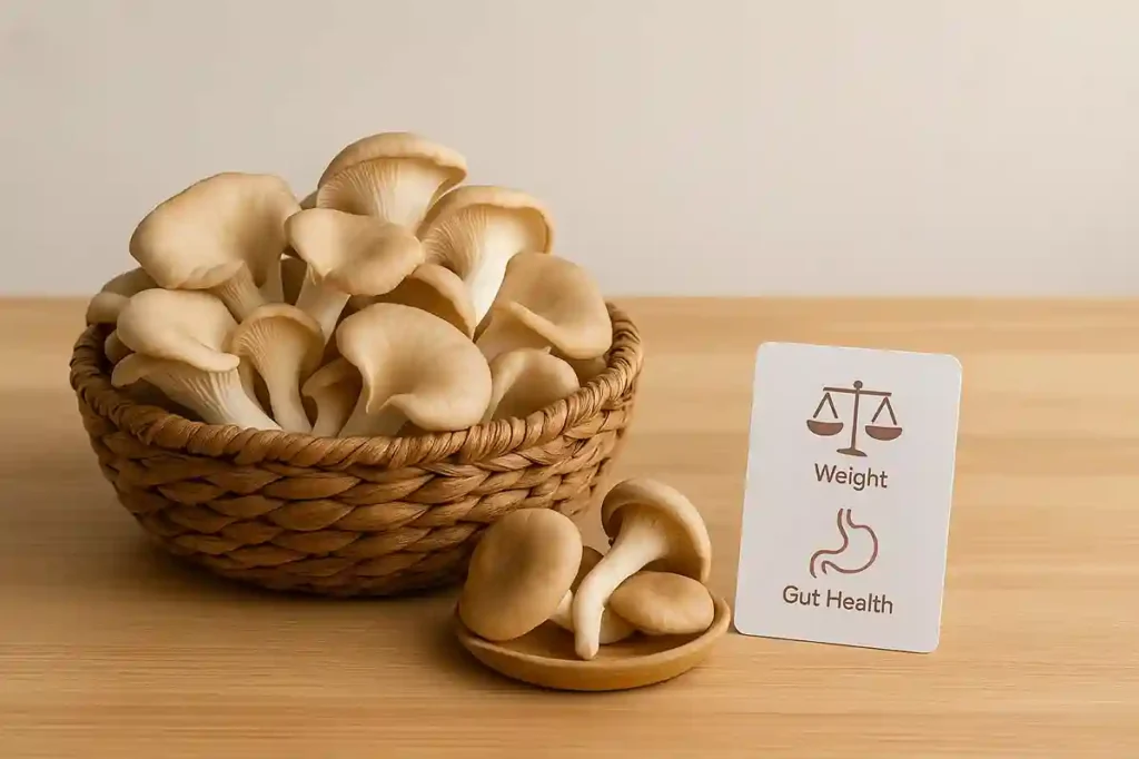 Basket of fresh oyster mushrooms on a wooden table with subtle visuals for weight and gut health benefits.
