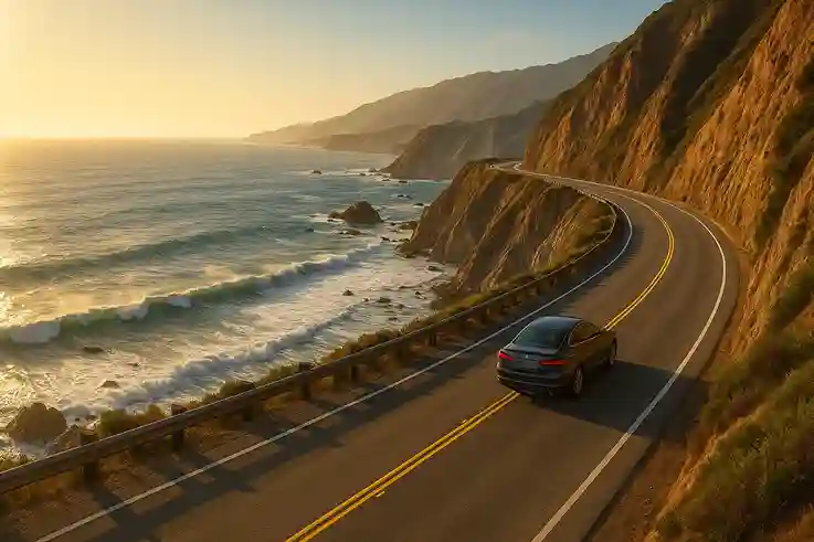 Car driving along California’s Pacific Coast Highway with winding cliffs, blue ocean waves, and golden-hour coastal scenery