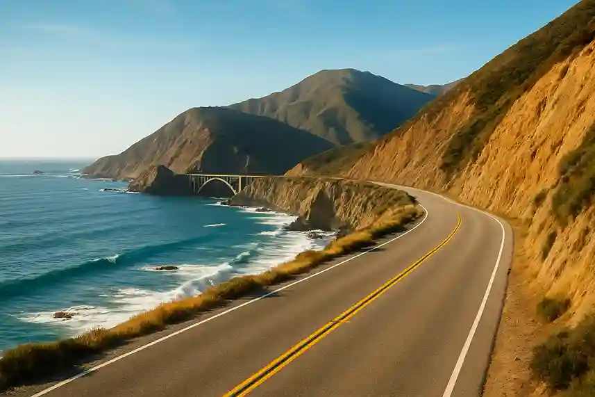 Scenic Pacific Coast Highway view with cliffs, ocean waves, and Bixby Creek Bridge under clear skies