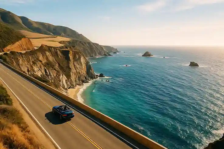 A scenic view of the Pacific Coast Highway curving along cliffs with ocean waves and an open sky creating a stunning coastal panorama.