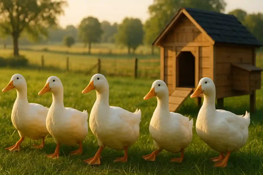 Group of white Pekin ducks walking on green grass near a wooden duck coop on a small farm.