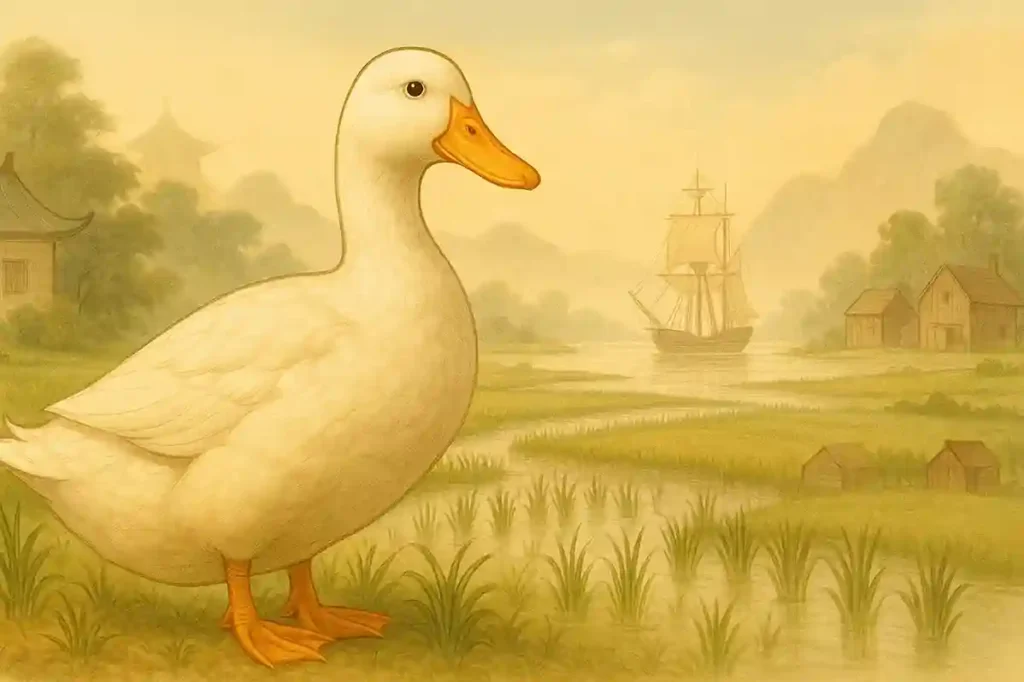 Historically inspired illustration of a Pekin duck in the foreground with ancient Chinese architecture, misty rice fields, and 1870s American farm elements in the background