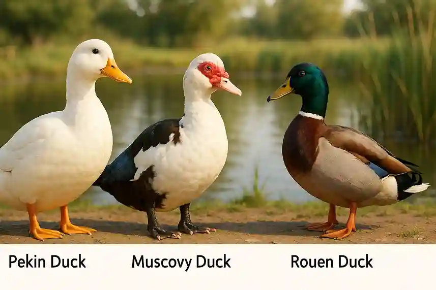 Pekin, Muscovy, and Rouen ducks shown side by side near a pond with names labeled beneath each duck for easy identification.