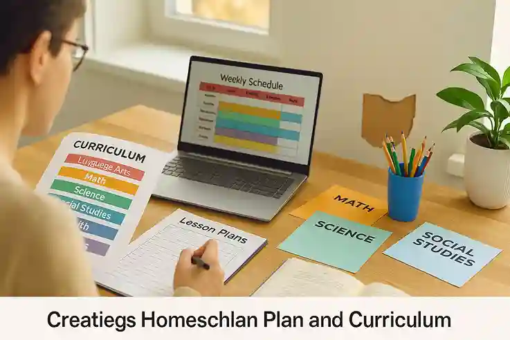 Parent organizing lesson plans and curriculum materials at home while preparing a learning plan for Homeschooling in Ohio.
