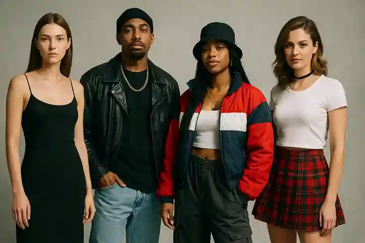 Models inspired by 1990s fashion icons wearing denim, leather, and statement accessories that shaped pop culture style.