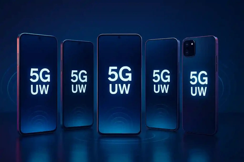 Illustration of modern smartphones displaying 5G UW indicators, representing popular ultra-wideband-compatible devices.
